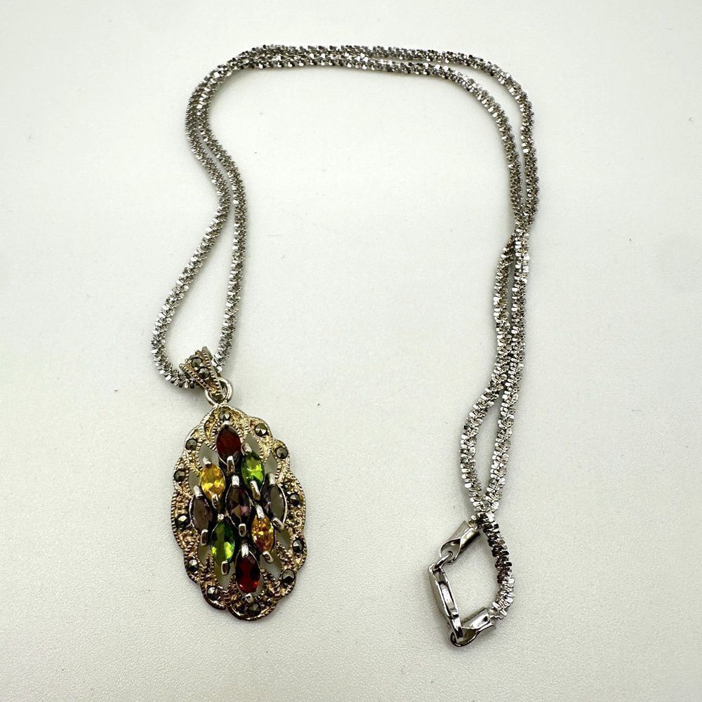 Stunning sterling silver, multi-gemstone and marcasite pendant on 18" 925 chain!